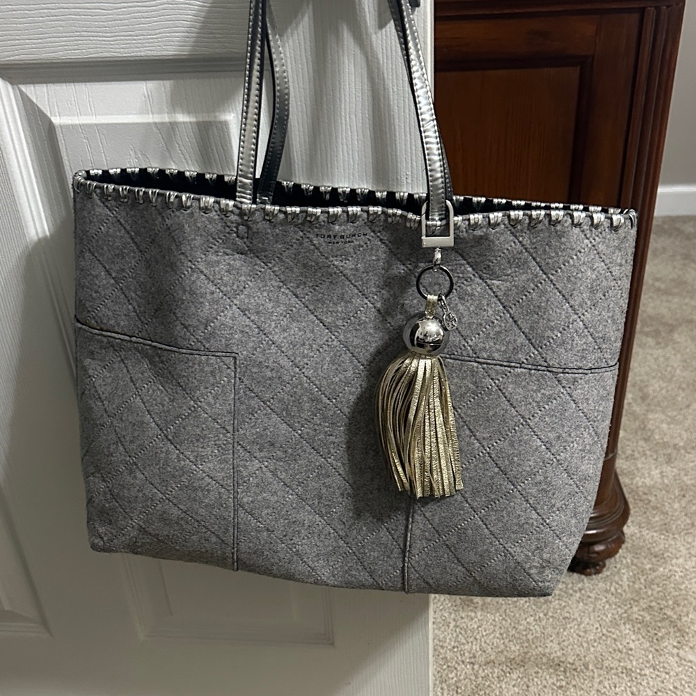 Tory Burch Gray Quilted Tote with Tassel